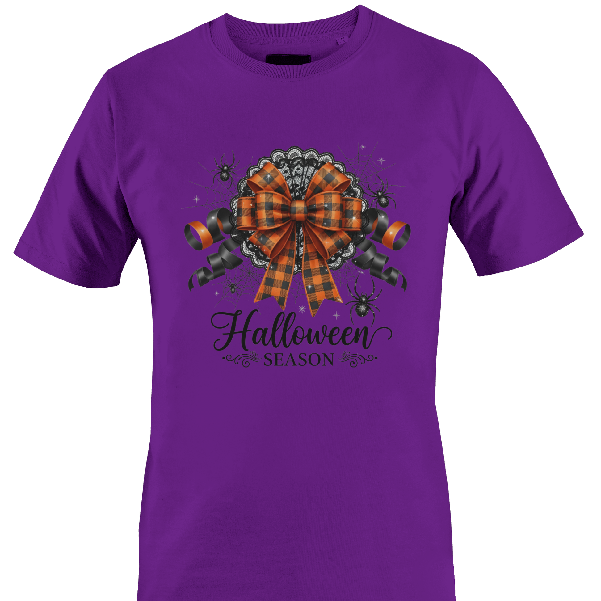 Dark purple t-shirt with a check orange and black bow, spiders, cobwebs, lace and text "Halloween season by Monkey's Creations. 