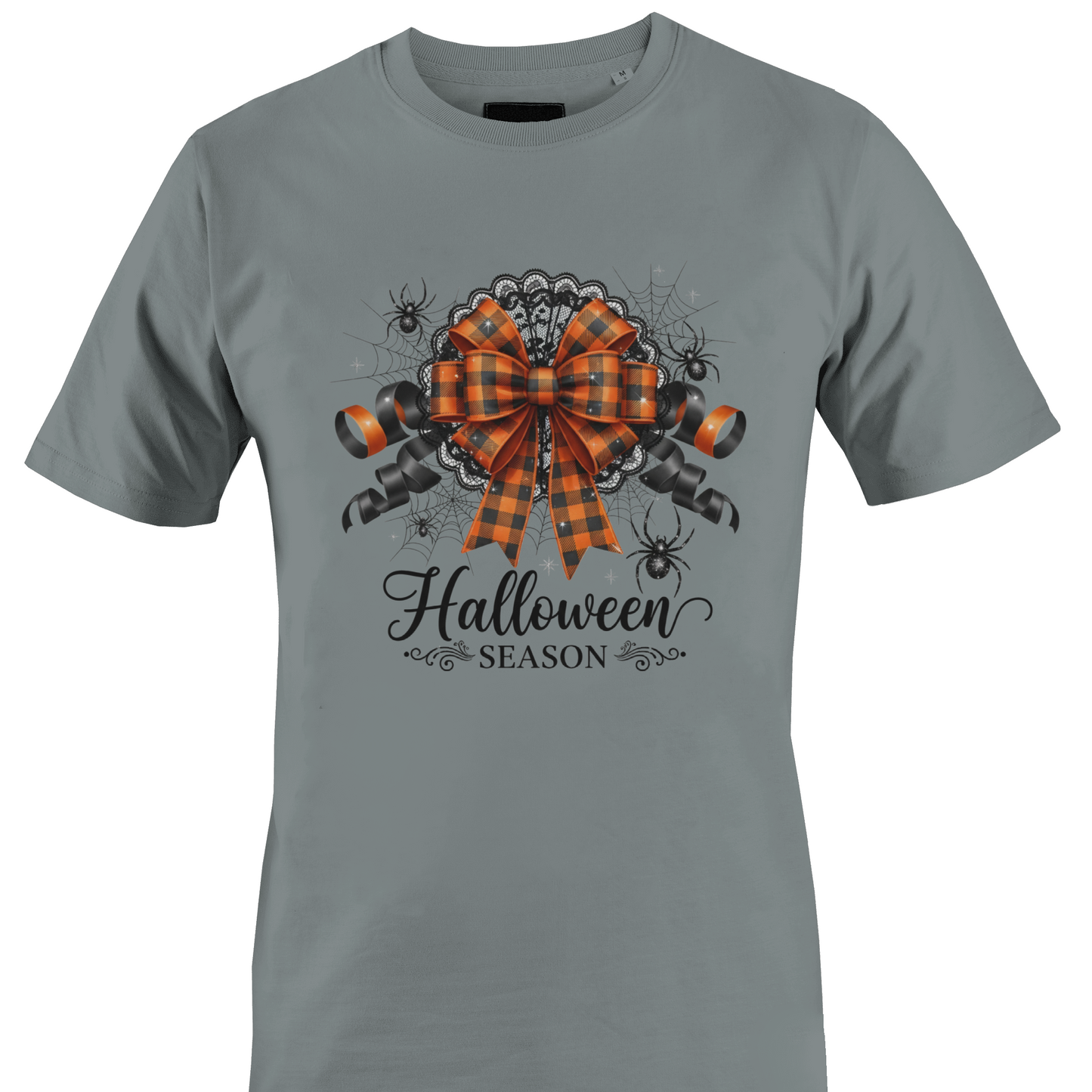 Grey t-shirt with a check orange and black bow, spiders, cobwebs, lace and text "Halloween season by Monkey's Creations. 