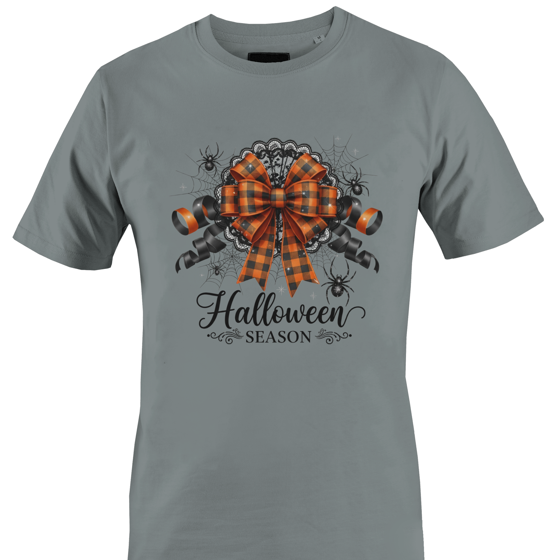 Grey t-shirt with a check orange and black bow, spiders, cobwebs, lace and text "Halloween season by Monkey's Creations. 