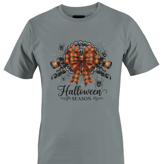 Grey t-shirt with a check orange and black bow, spiders, cobwebs, lace and text "Halloween season by Monkey's Creations. 