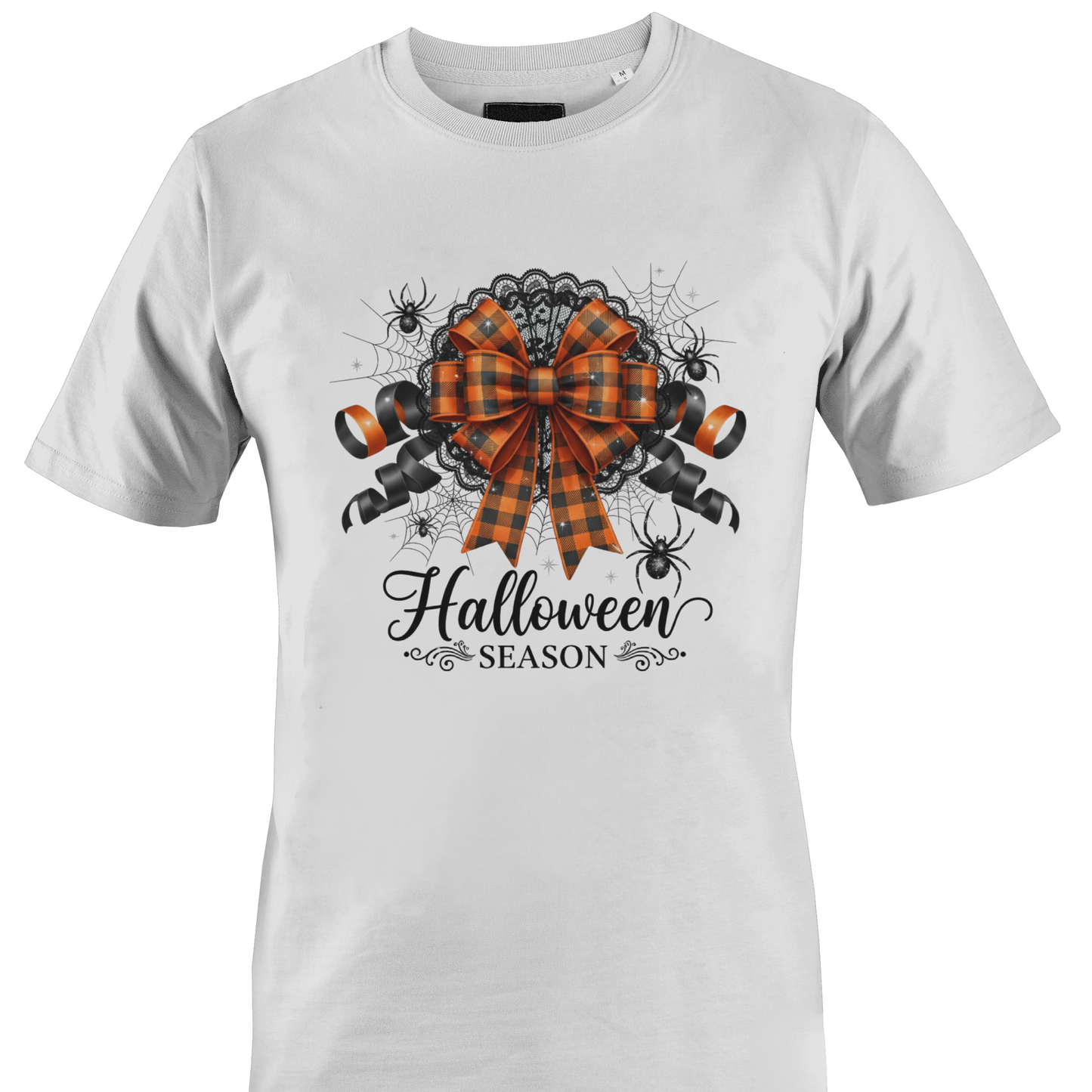 White t-shirt with a check orange and black bow, spiders, cobwebs, lace and text "Halloween season by Monkey's Creations. 
