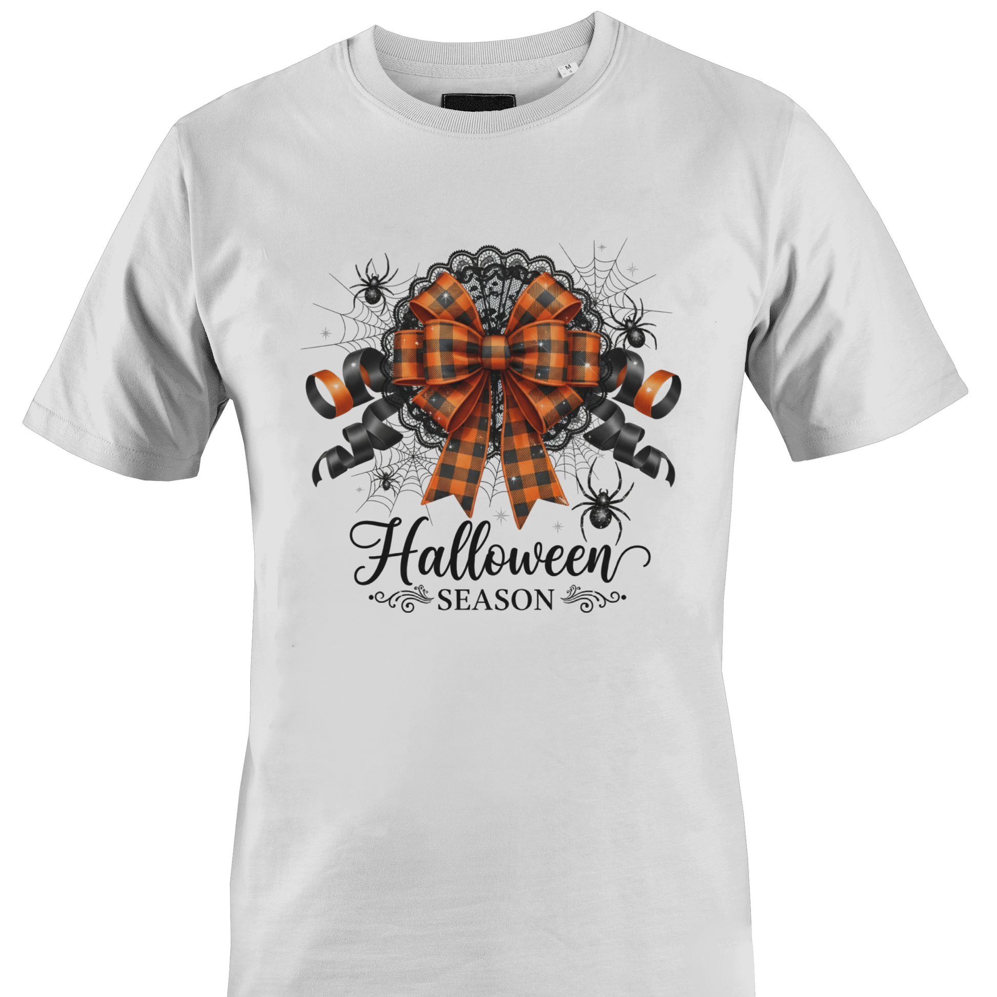 White t-shirt with a check orange and black bow, spiders, cobwebs, lace and text "Halloween season by Monkey's Creations. 