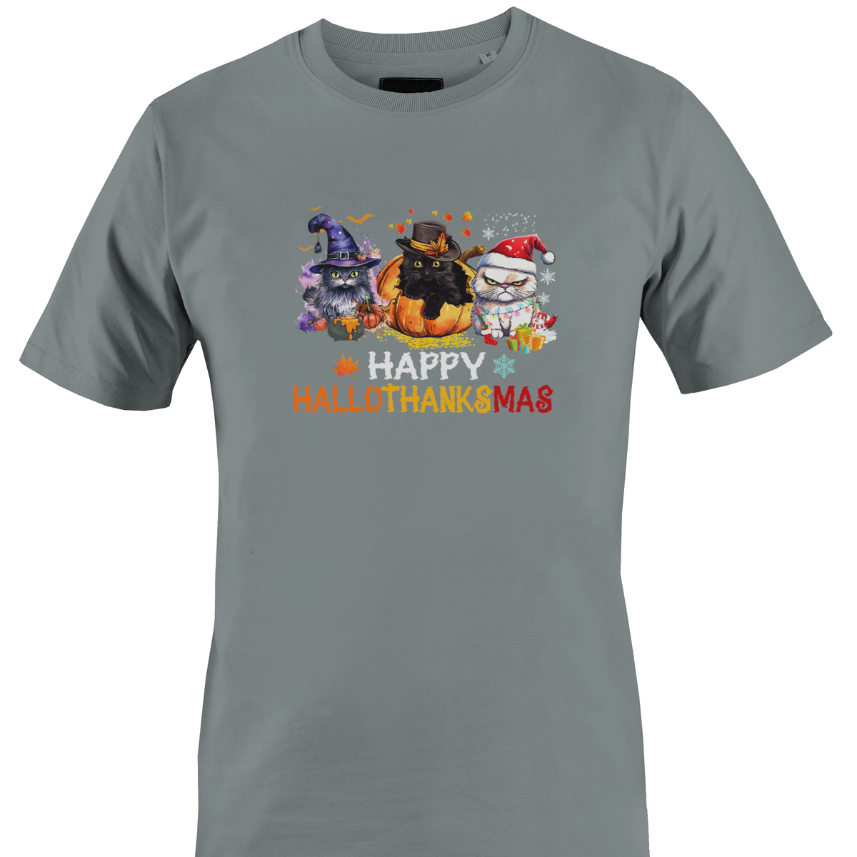 A grey crewneck t-shirt featuring a colorful graphic of three cartoon cats with pumpkins and the text 'HAPPY HALLOTHANKSMAS' printed on the chest by Monkey's Creation.