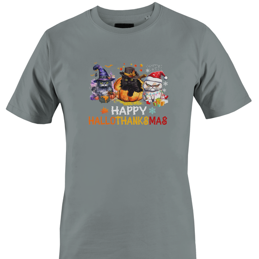 A grey crewneck t-shirt featuring a colorful graphic of three cartoon cats with pumpkins and the text 'HAPPY HALLOTHANKSMAS' printed on the chest by Monkey's Creation.