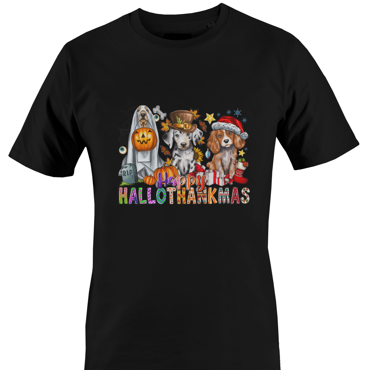 A black crewneck t-shirt featuring a colorful graphic print of three dogs dressed in Halloween costumes with the text 'Happy HALLOTHANKSMAS'.