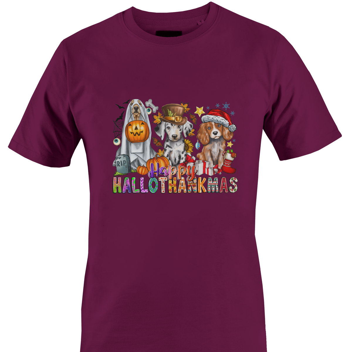 A burgundy crewneck t-shirt featuring a colorful graphic print of three dogs dressed in Halloween costumes with the text 'Happy HALLOTHANKSMAS'.
