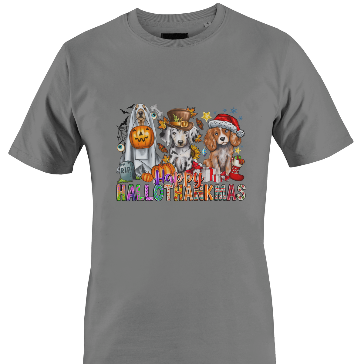A grey crewneck t-shirt featuring a colorful graphic print of three dogs dressed in Halloween costumes with the text 'Happy HALLOTHANKSMAS'.