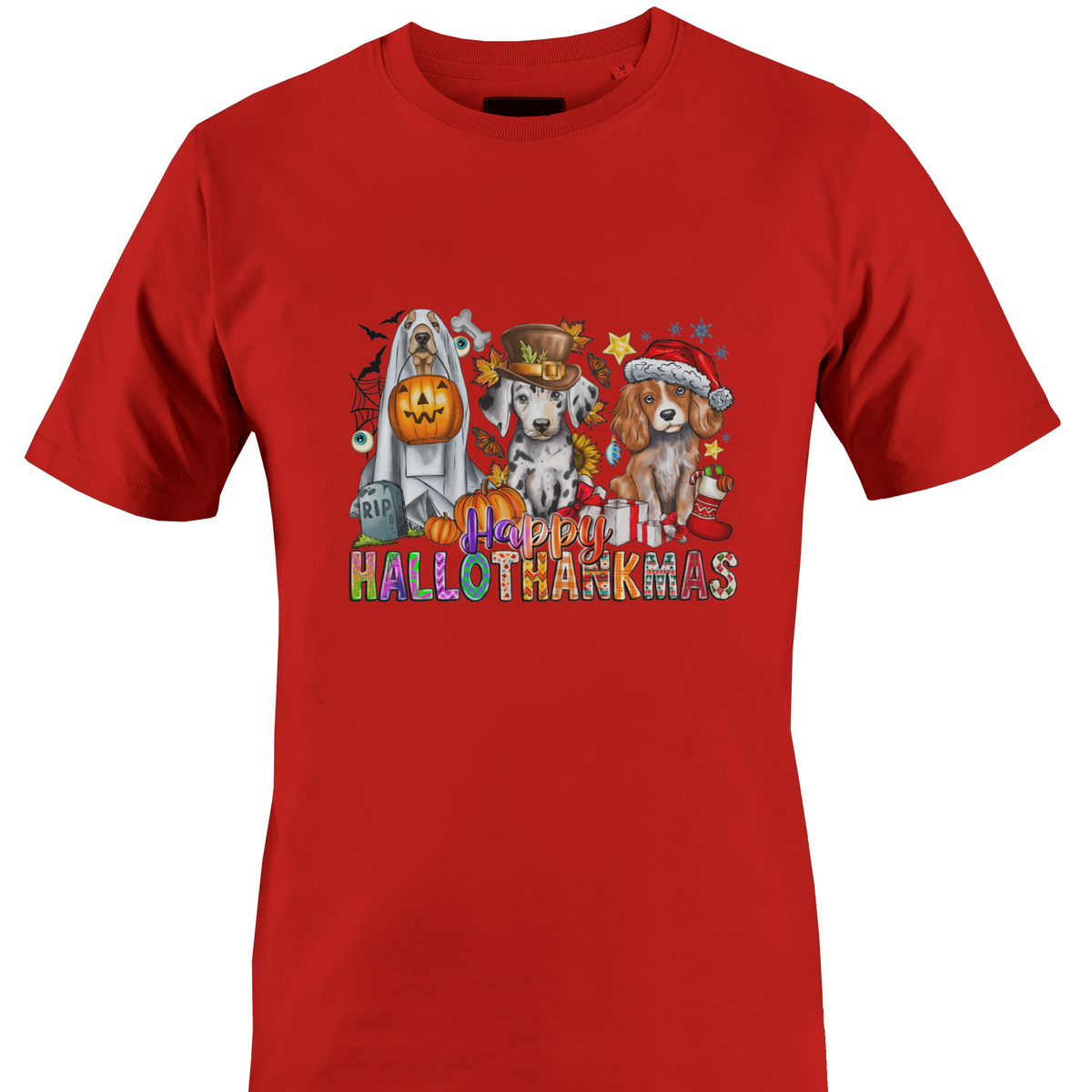 A red crewneck t-shirt featuring a colorful graphic print of three dogs dressed in Halloween costumes with the text 'Happy HALLOTHANKSMAS'.