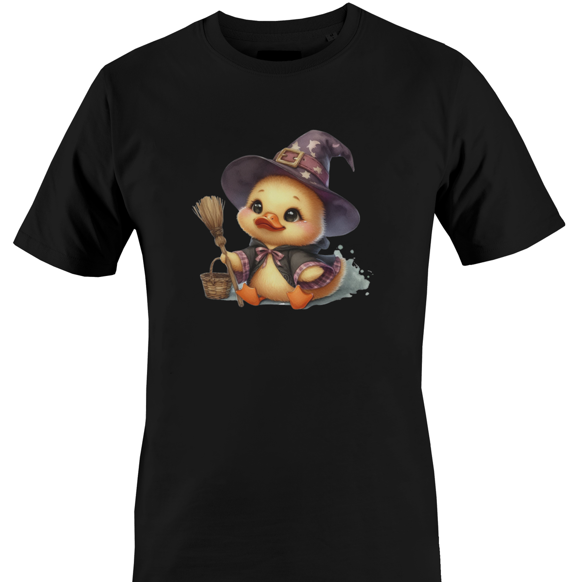 A black short-sleeve crewneck t-shirt featuring a cartoon graphic of a cute yellow duckling dressed as a witch in a pointed hat, holding a broom and a basket by Monkey's Creations.