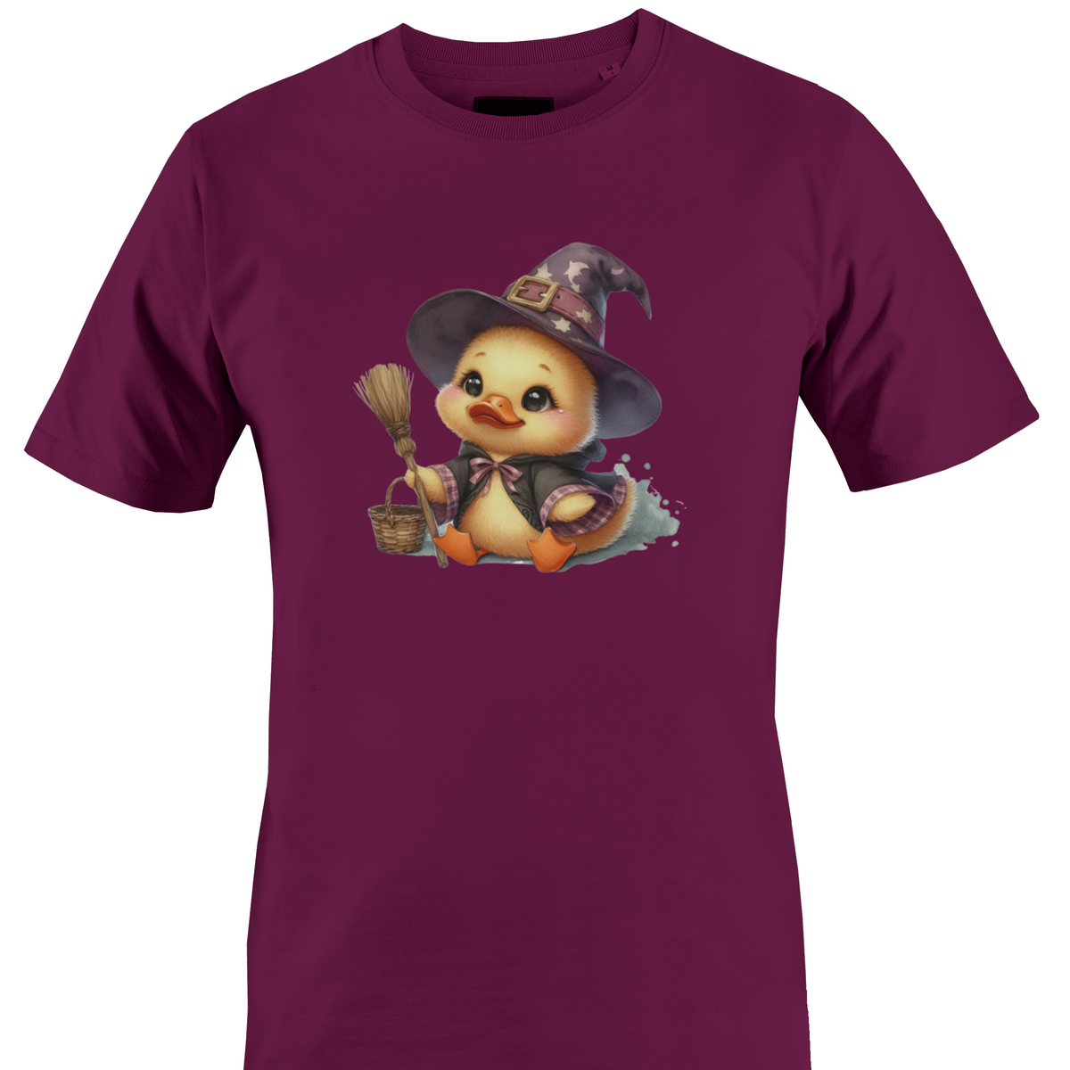 A burgundy / maroon short-sleeve crewneck t-shirt featuring a cartoon graphic of a cute yellow duckling dressed as a witch in a pointed hat, holding a broom and a basket by Monkey's Creations.