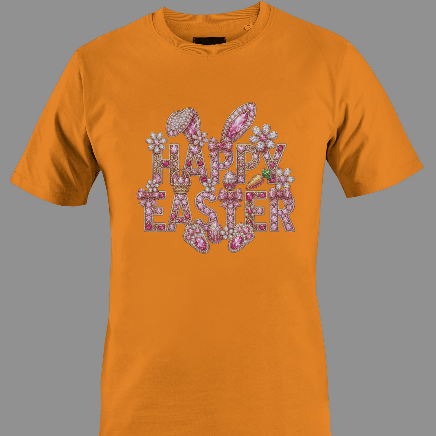 Orange t-shirt with 'Happy Easter' bling text 