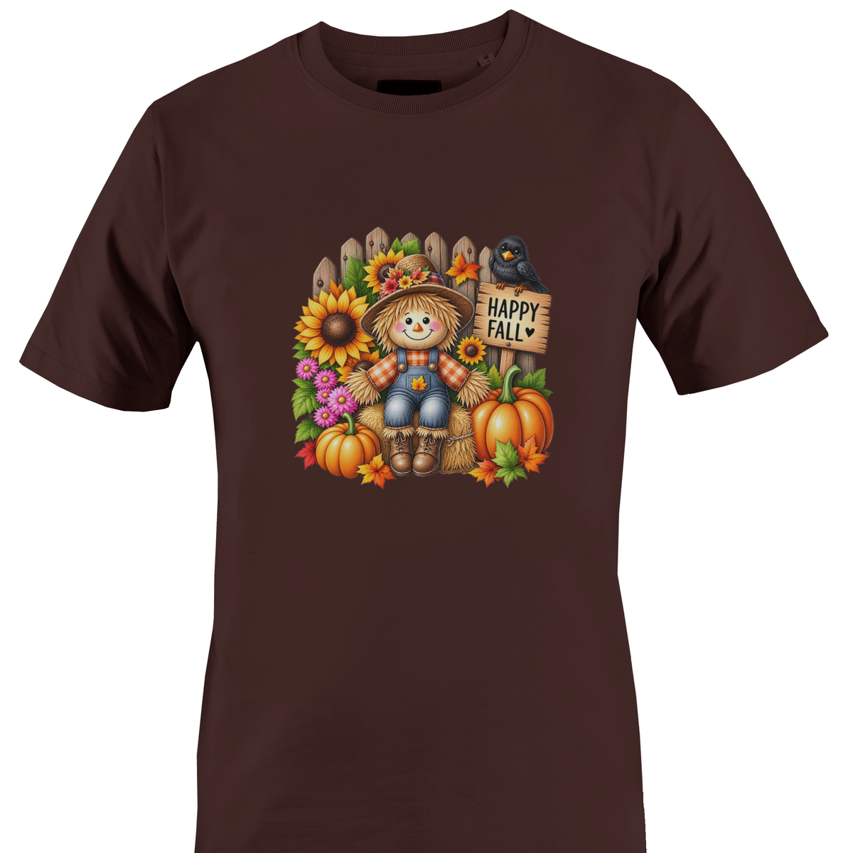 Brown t-shirt by Monkey's Creations featuring a scarecrow with sunflowers and pumpkins with "happy fall" sign.