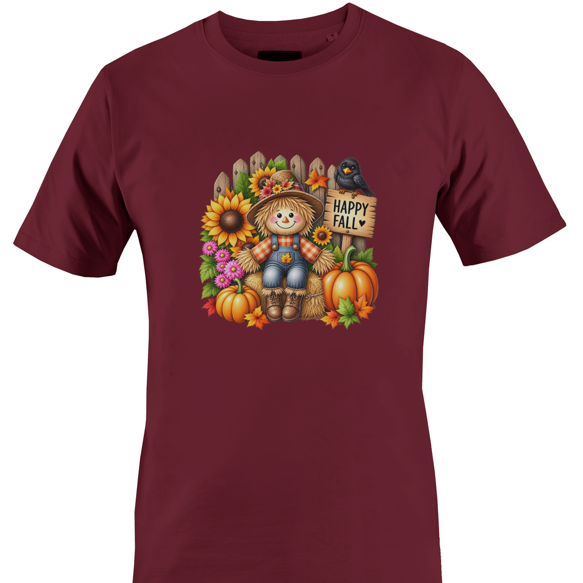 Burgundy  t-shirt by Monkey's Creations featuring a scarecrow with sunflowers and pumpkins with "happy fall" sign.