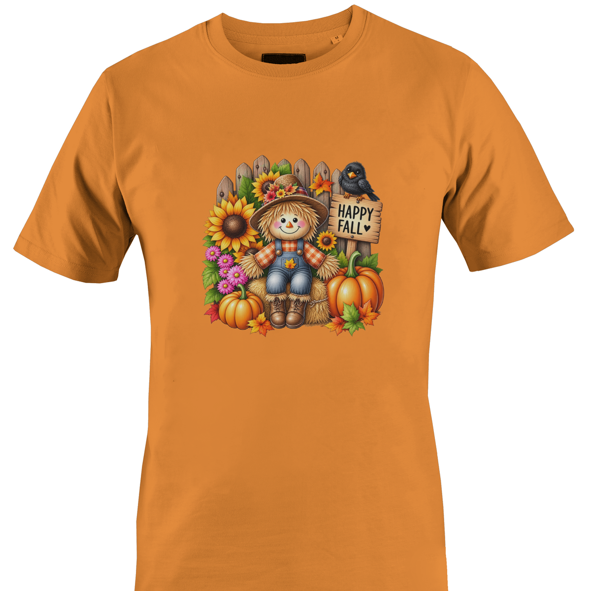 Orange t-shirt by Monkey's Creations featuring a scarecrow with sunflowers and pumpkins with "happy fall" sign.