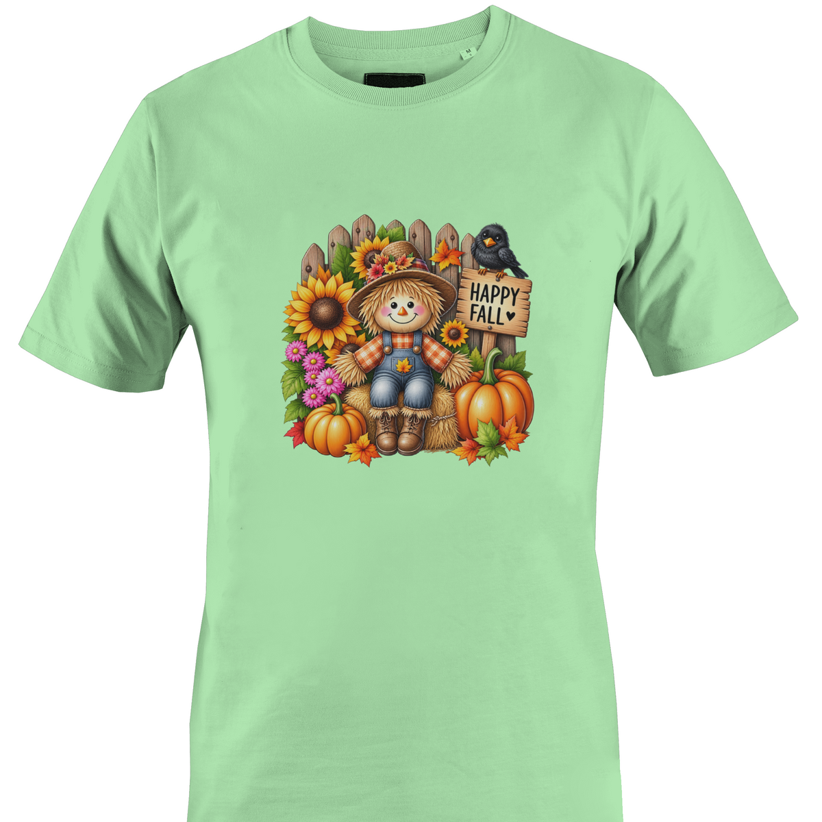 Mint green t-shirt by Monkey's Creations featuring a scarecrow with sunflowers and pumpkins with "happy fall" sign.
