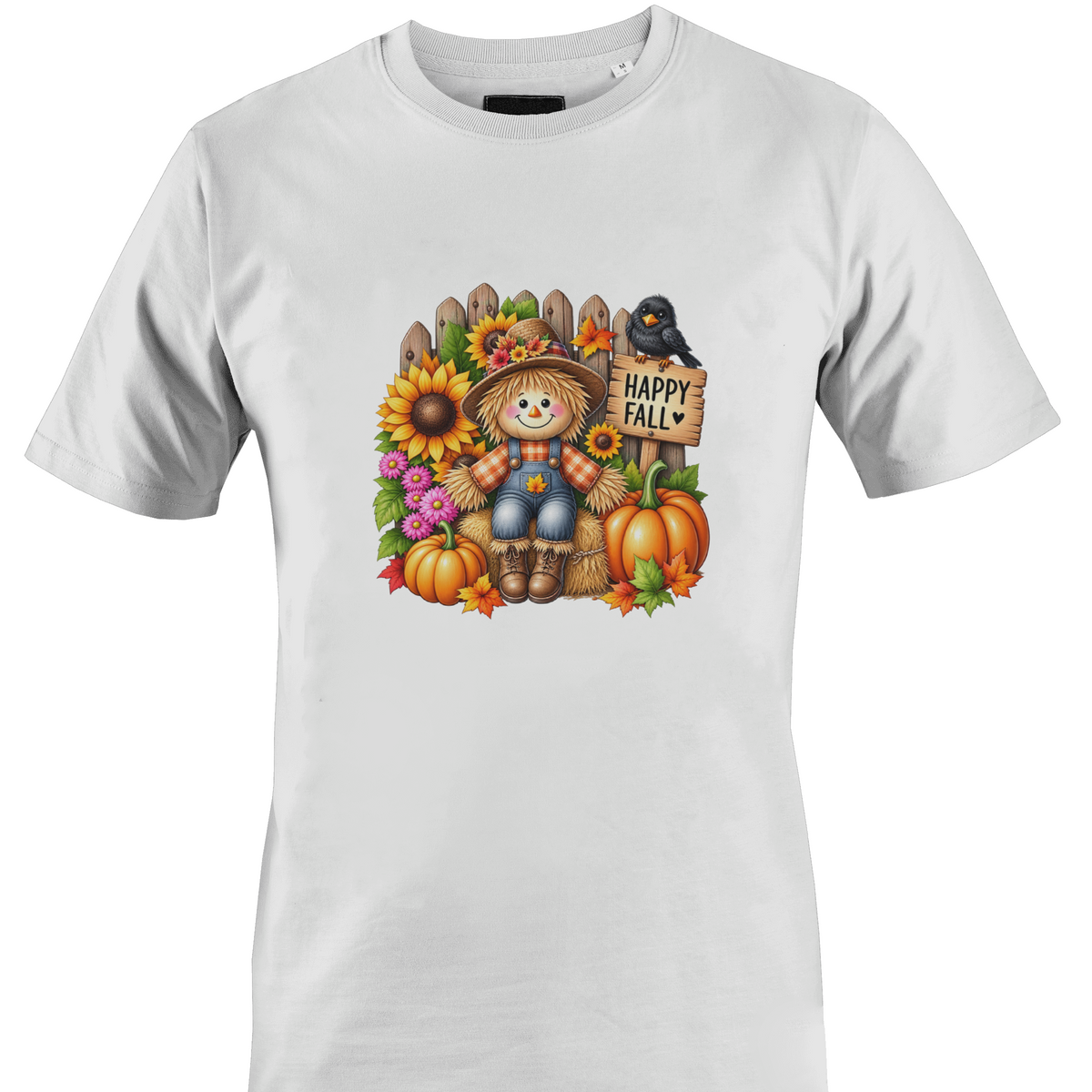 White t-shirt by Monkey's Creations featuring a scarecrow with sunflowers and pumpkins with "happy fall" sign.