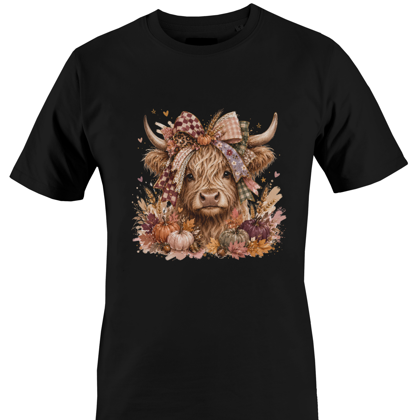 Black t-shirt with a highland cow wearing a farmhouse style bow with pumpkins and fall foliage by Monkey's Creations. 