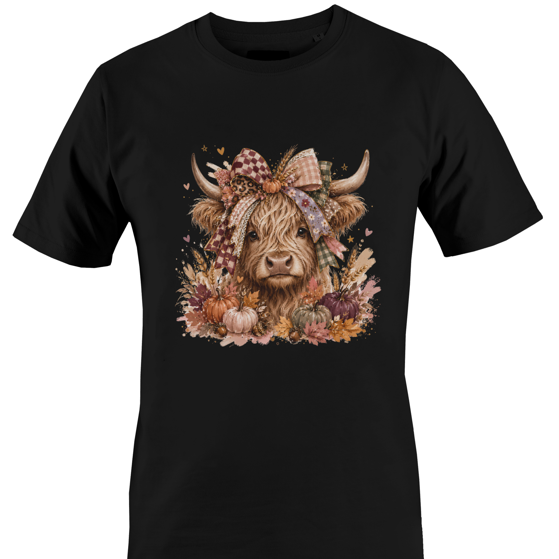 Black t-shirt with a highland cow wearing a farmhouse style bow with pumpkins and fall foliage by Monkey's Creations. 
