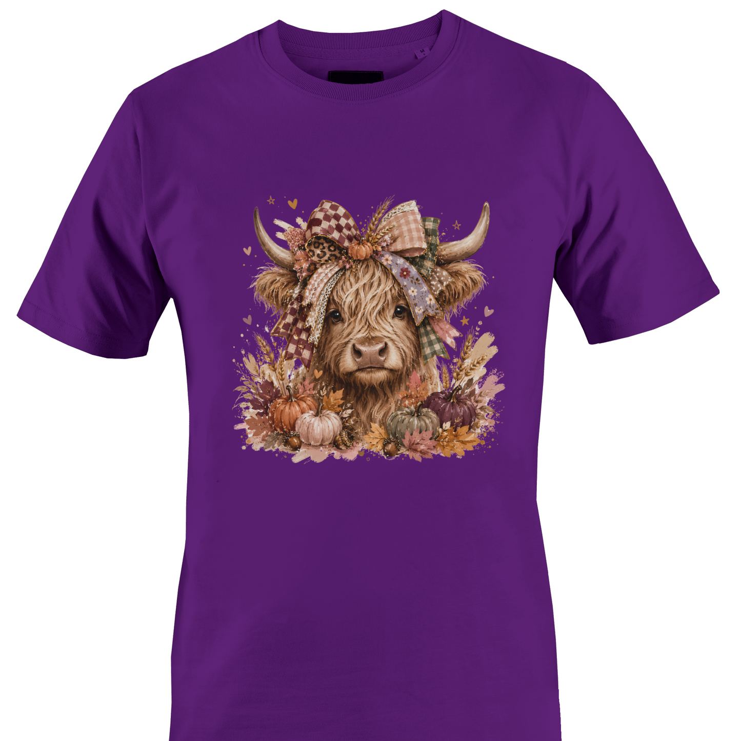 Dark purple t-shirt with a highland cow wearing a farmhouse style bow with pumpkins and fall foliage by Monkey's Creations. 