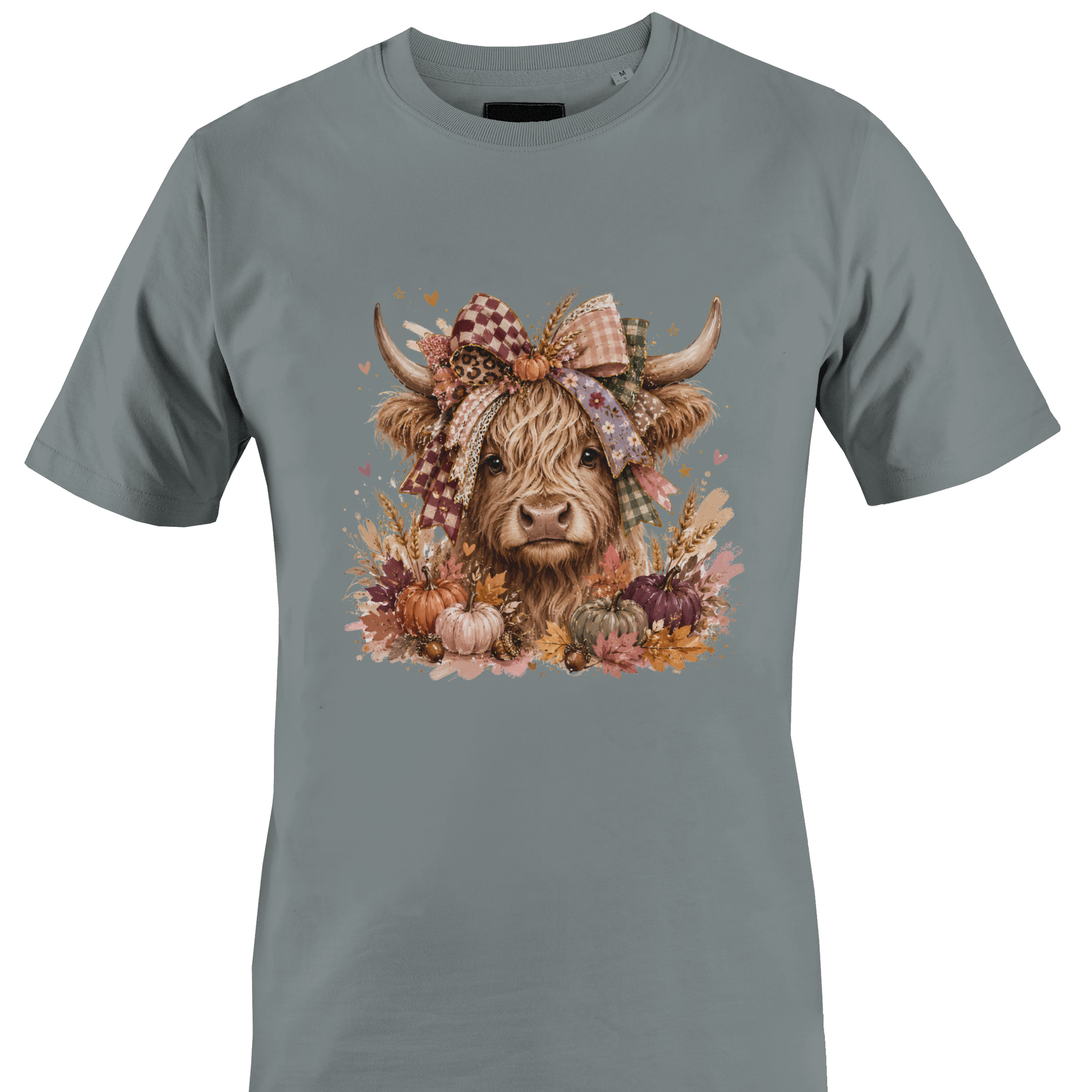 Grey t-shirt with a highland cow wearing a farmhouse style bow with pumpkins and fall foliage by Monkey's Creations. 