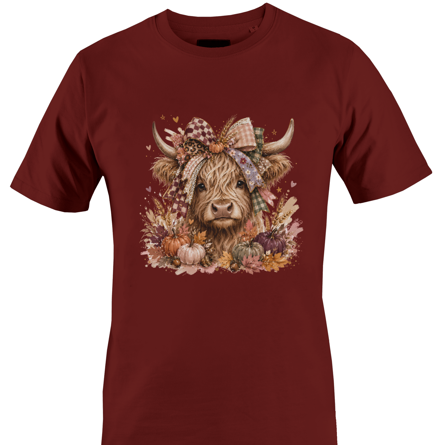 Maroon t-shirt with a highland cow wearing a farmhouse style bow with pumpkins and fall foliage by Monkey's Creations. 