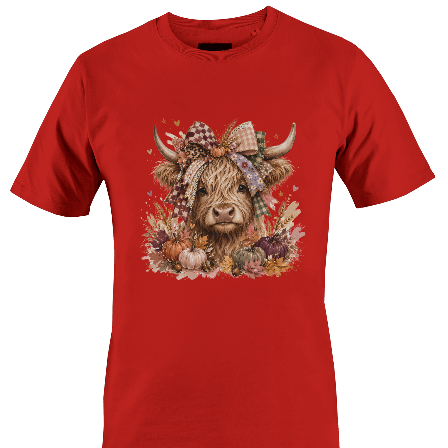 Red t-shirt with a highland cow wearing a farmhouse style bow with pumpkins and fall foliage by Monkey's Creations. 