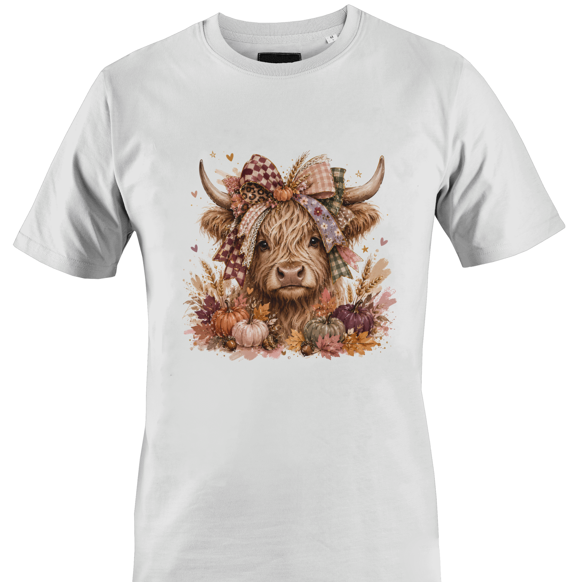 White t-shirt with a highland cow wearing a farmhouse style bow with pumpkins and fall foliage by Monkey's Creations. 