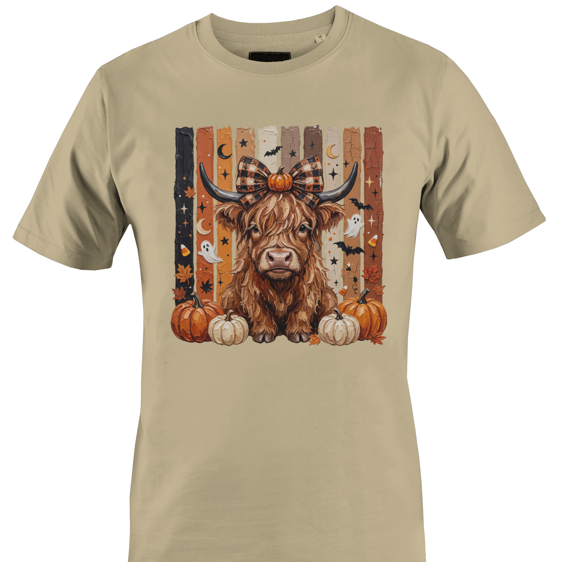 Beige t-shirt with a highland cow, pumpkins and bats with autumn and halloween elements by Monkey's creations.  