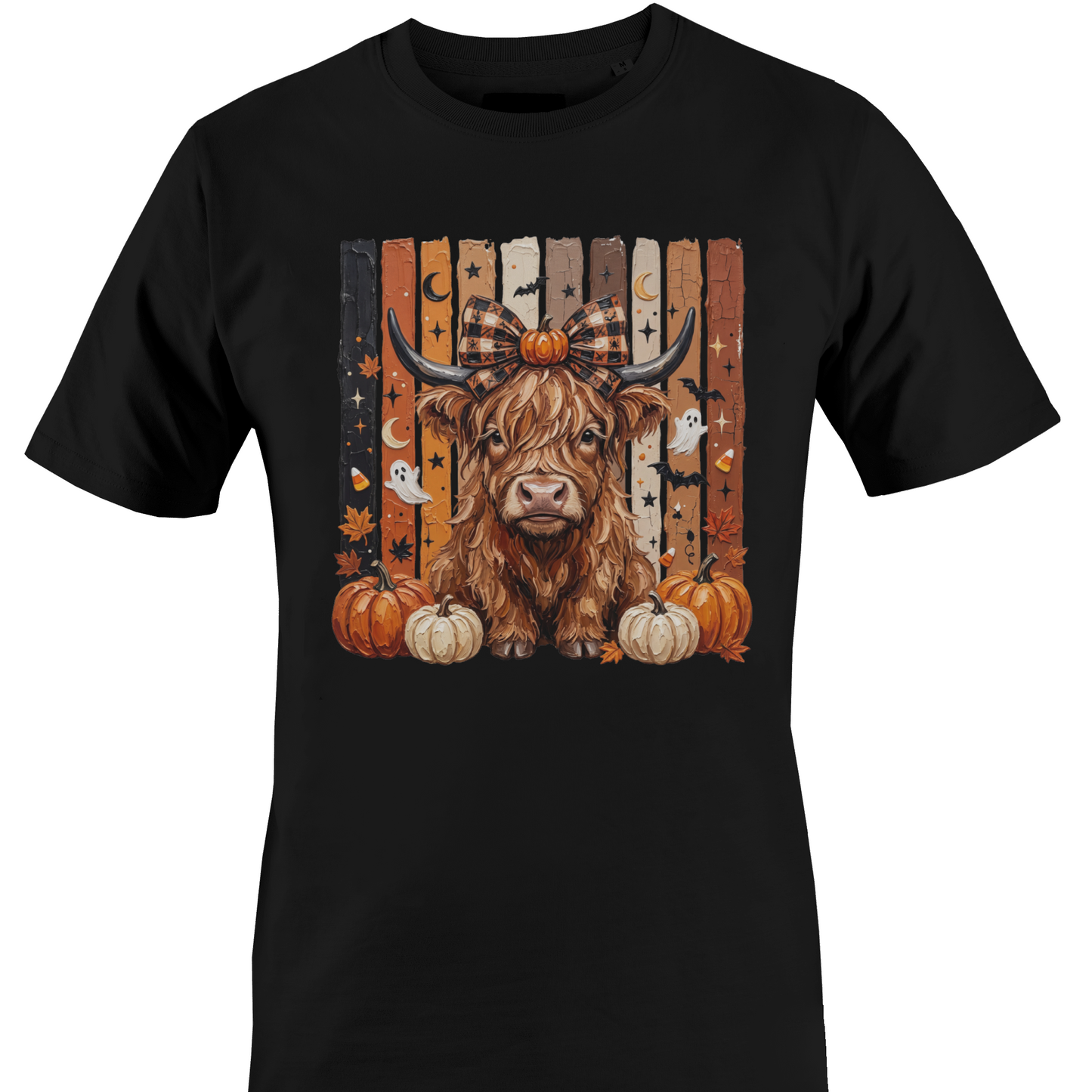 Black t-shirt with a highland cow, pumpkins and bats with autumn and halloween elements by Monkey's creations. 