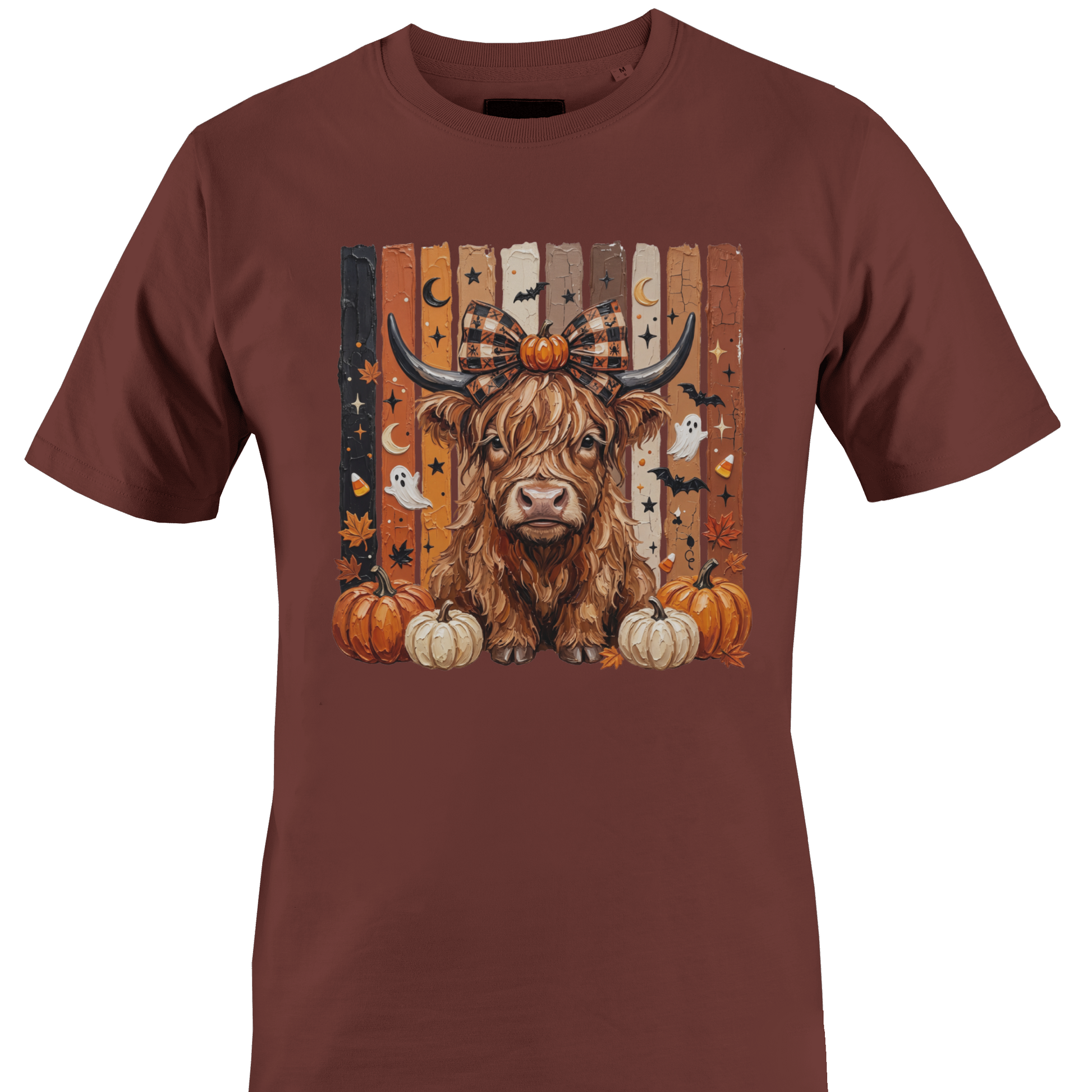 Brown t-shirt with a highland cow, pumpkins and bats with autumn and halloween elements by Monkey's creations.  