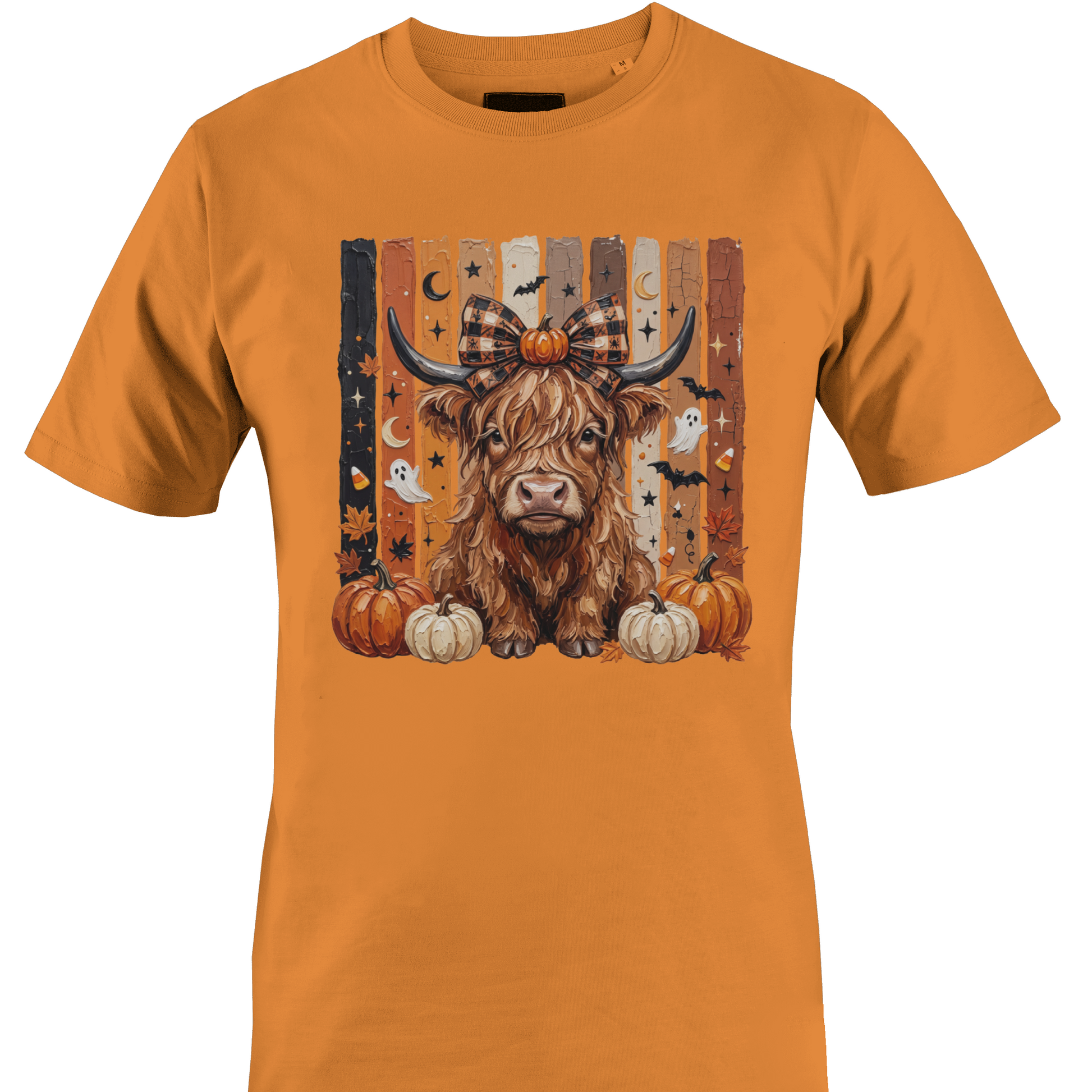 Orange t-shirt with a highland cow, pumpkins and bats with autumn and halloween elements by Monkey's creations.  
