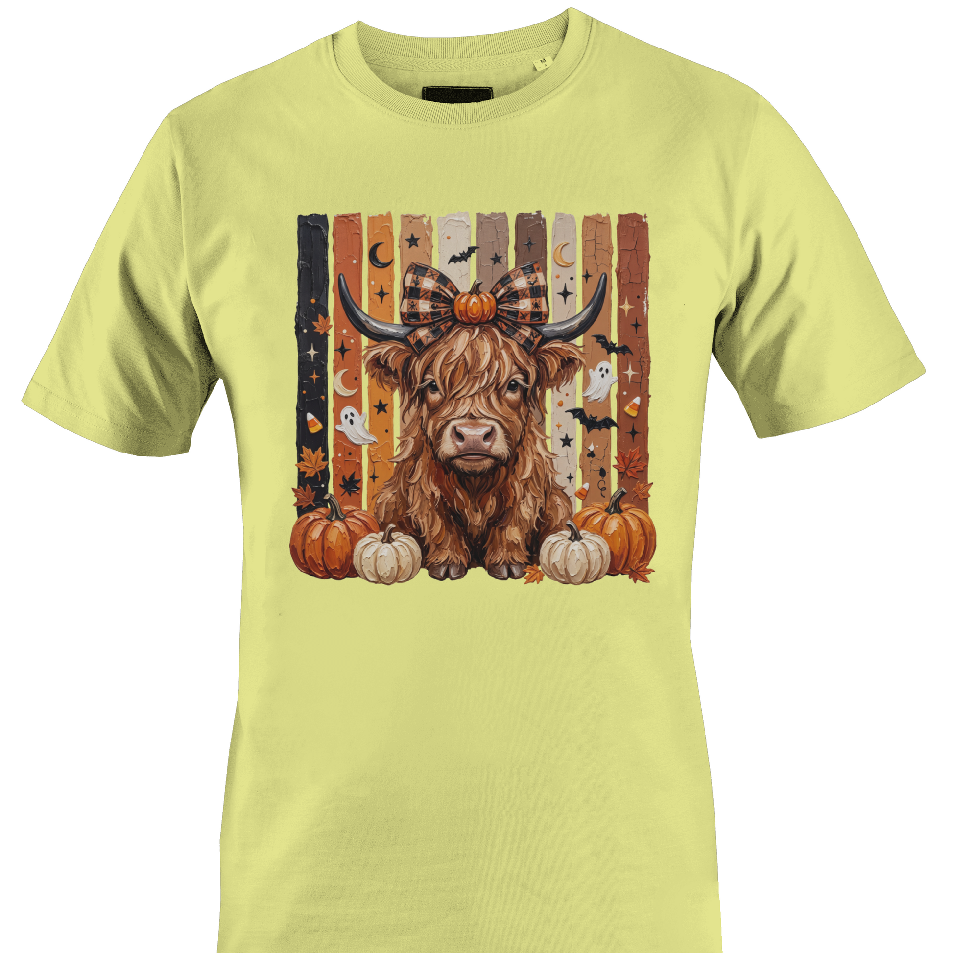 Yellow t-shirt with a highland cow, pumpkins and bats with autumn and halloween elements by Monkey's creations. 