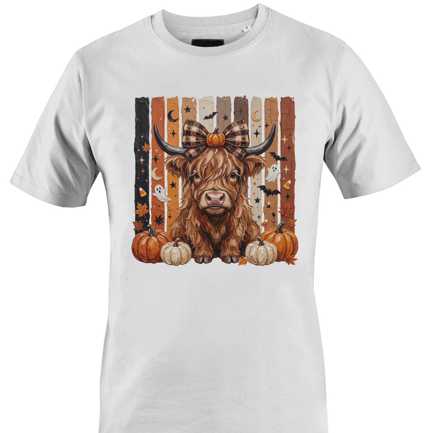 White t-shirt with a highland cow, pumpkins and bats with autumn and halloween elements by Monkey's creations.  