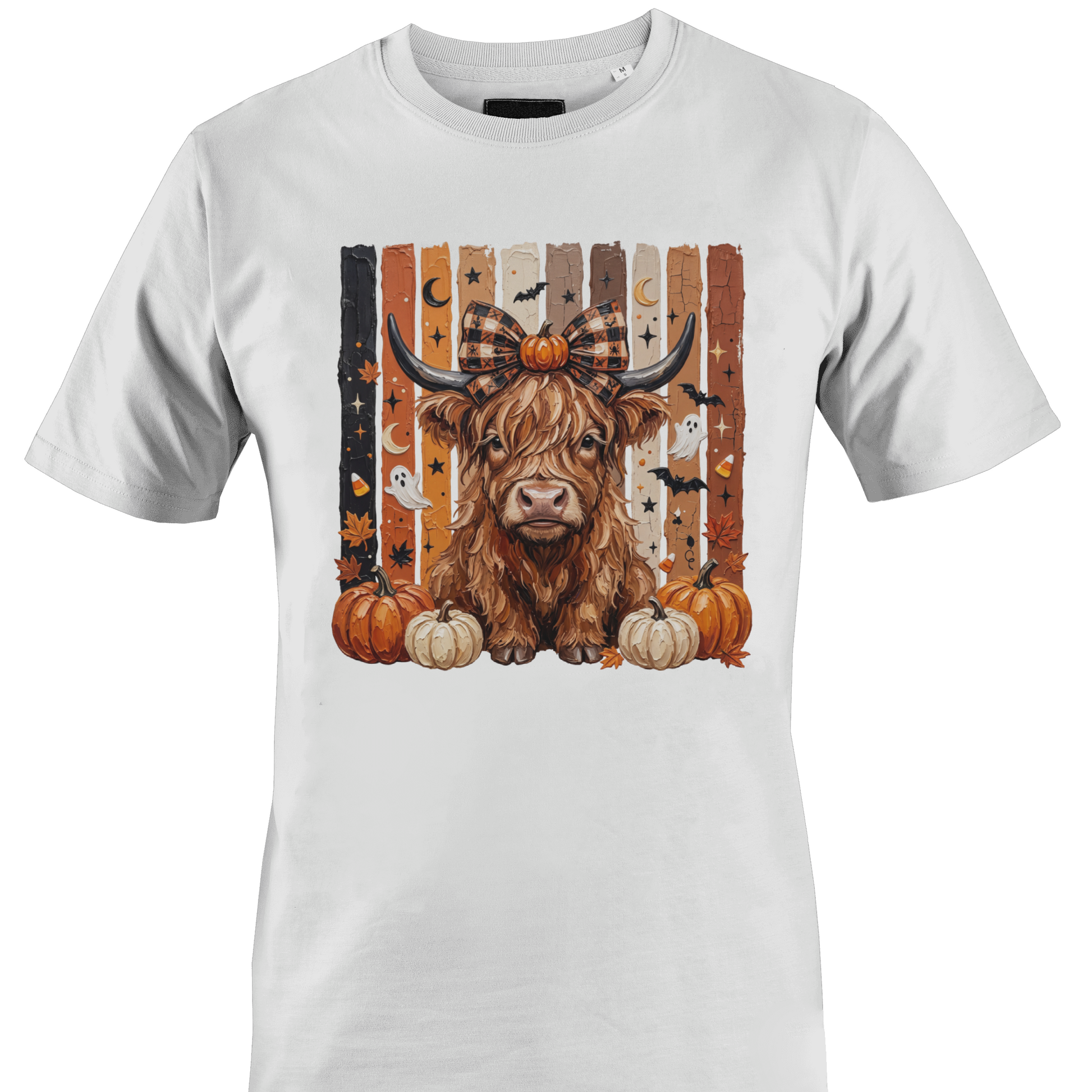 White t-shirt with a highland cow, pumpkins and bats with autumn and halloween elements by Monkey's creations.  
