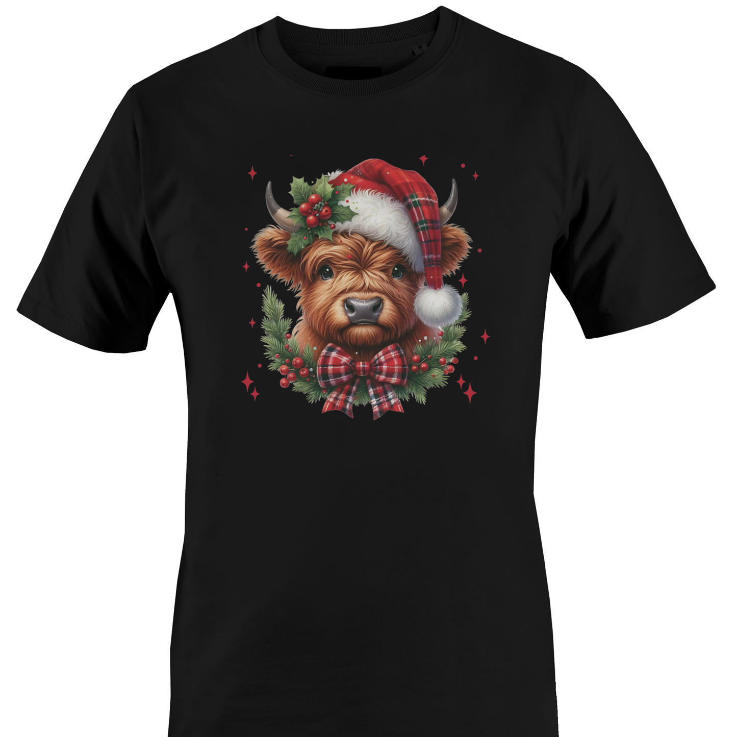 Black t-shirt with a highland cow wearing a plaid santa hat with holly berries and a plaid bow by Monkey's Creations. 