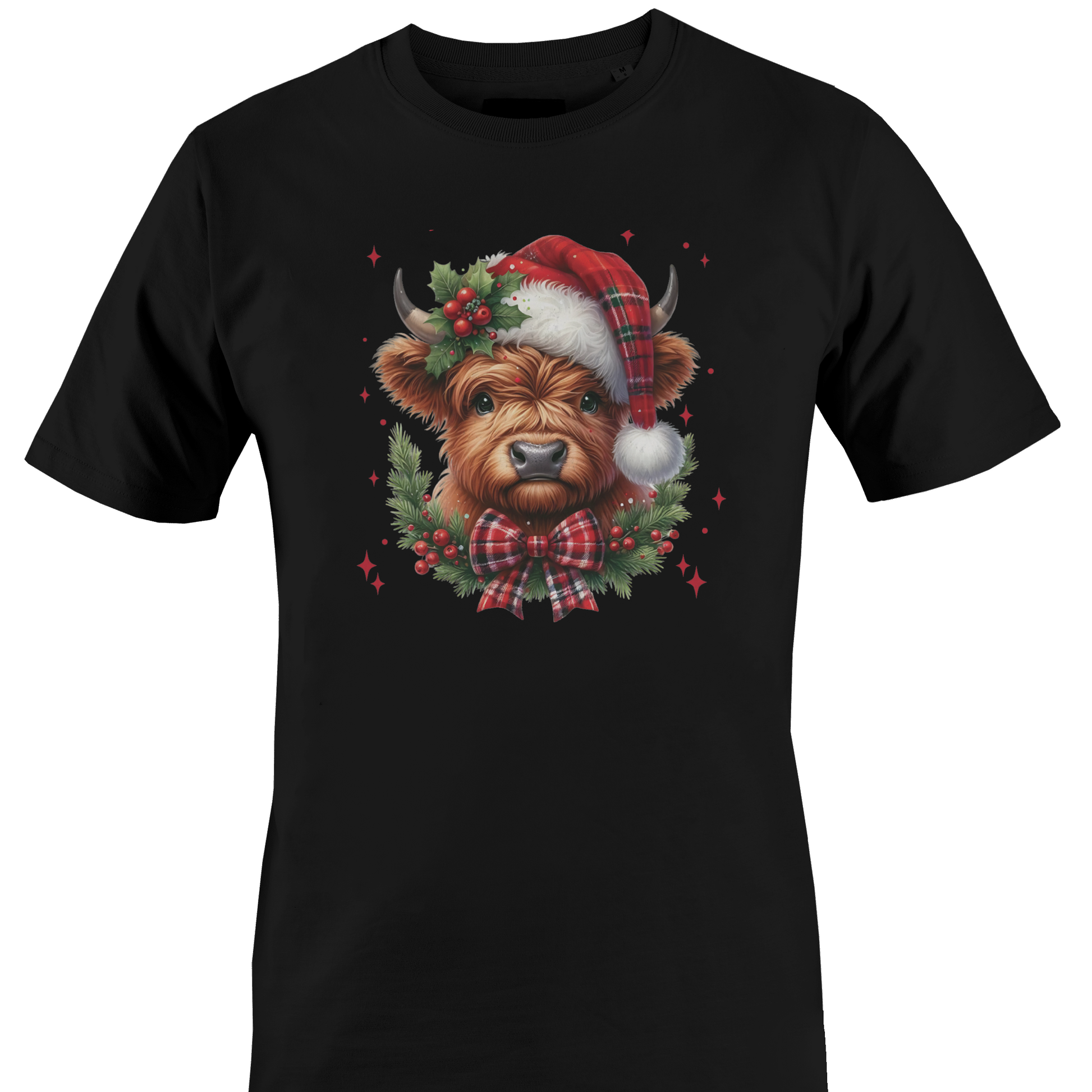 Black t-shirt with a highland cow wearing a plaid santa hat with holly berries and a plaid bow by Monkey's Creations. 