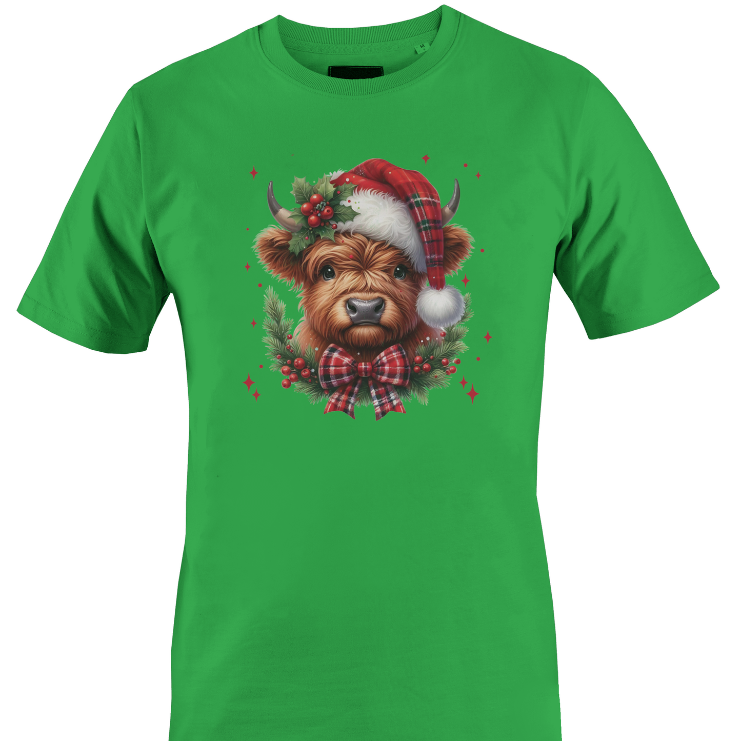 Green t-shirt with a highland cow wearing a plaid santa hat with holly berries and a plaid bow by Monkey's Creations. 
