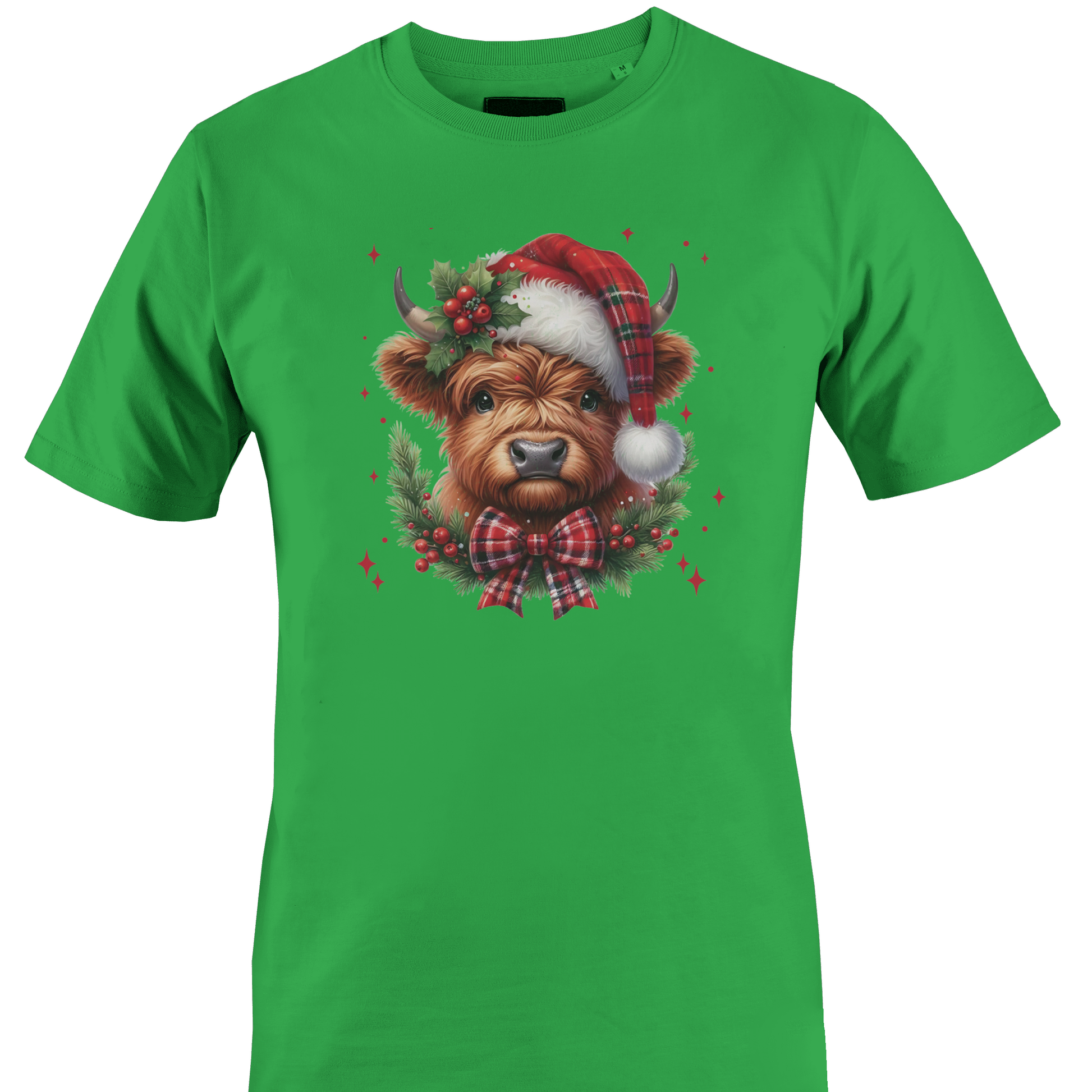 Green t-shirt with a highland cow wearing a plaid santa hat with holly berries and a plaid bow by Monkey's Creations. 