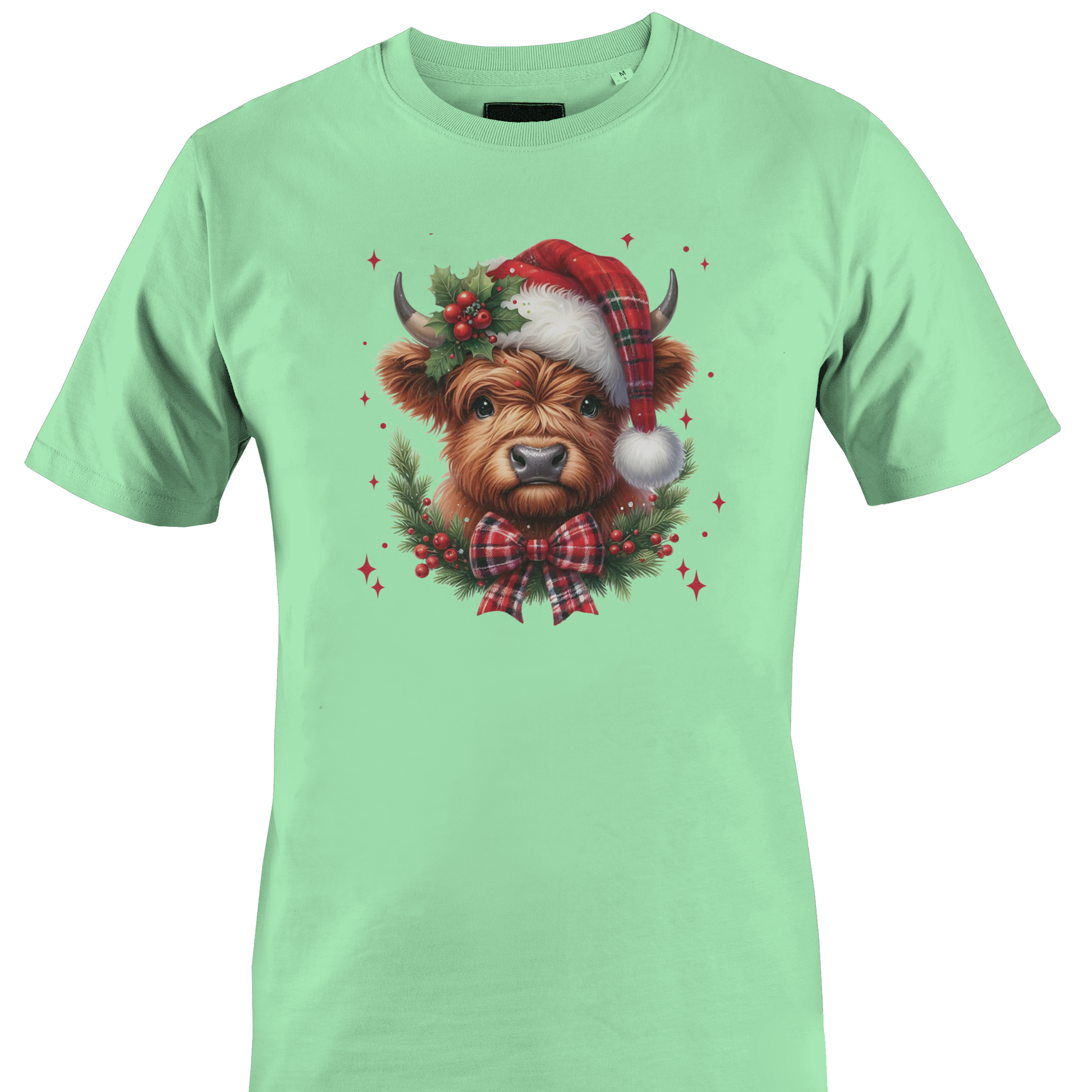 mint green t-shirt with a highland cow wearing a plaid santa hat with holly berries and a plaid bow by Monkey's Creations. 