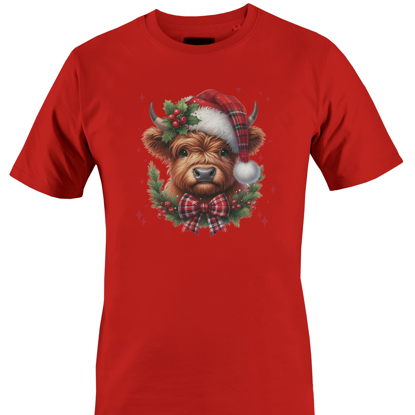 Red t-shirt with a highland cow wearing a plaid santa hat with holly berries and a plaid bow by Monkey's Creations. 