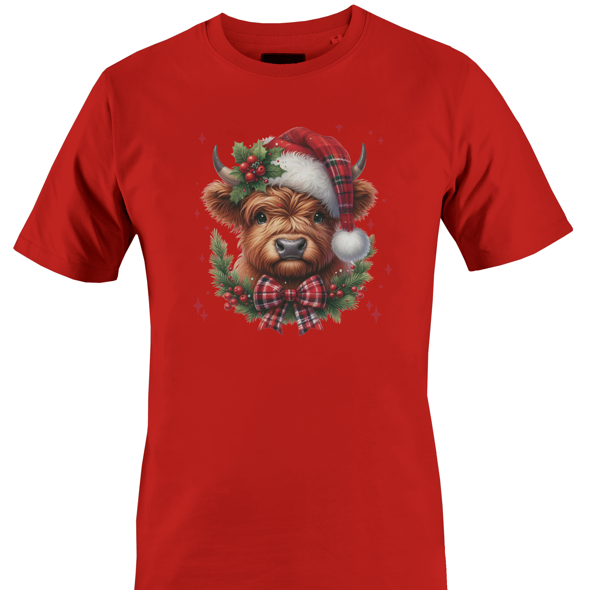 Red t-shirt with a highland cow wearing a plaid santa hat with holly berries and a plaid bow by Monkey's Creations. 