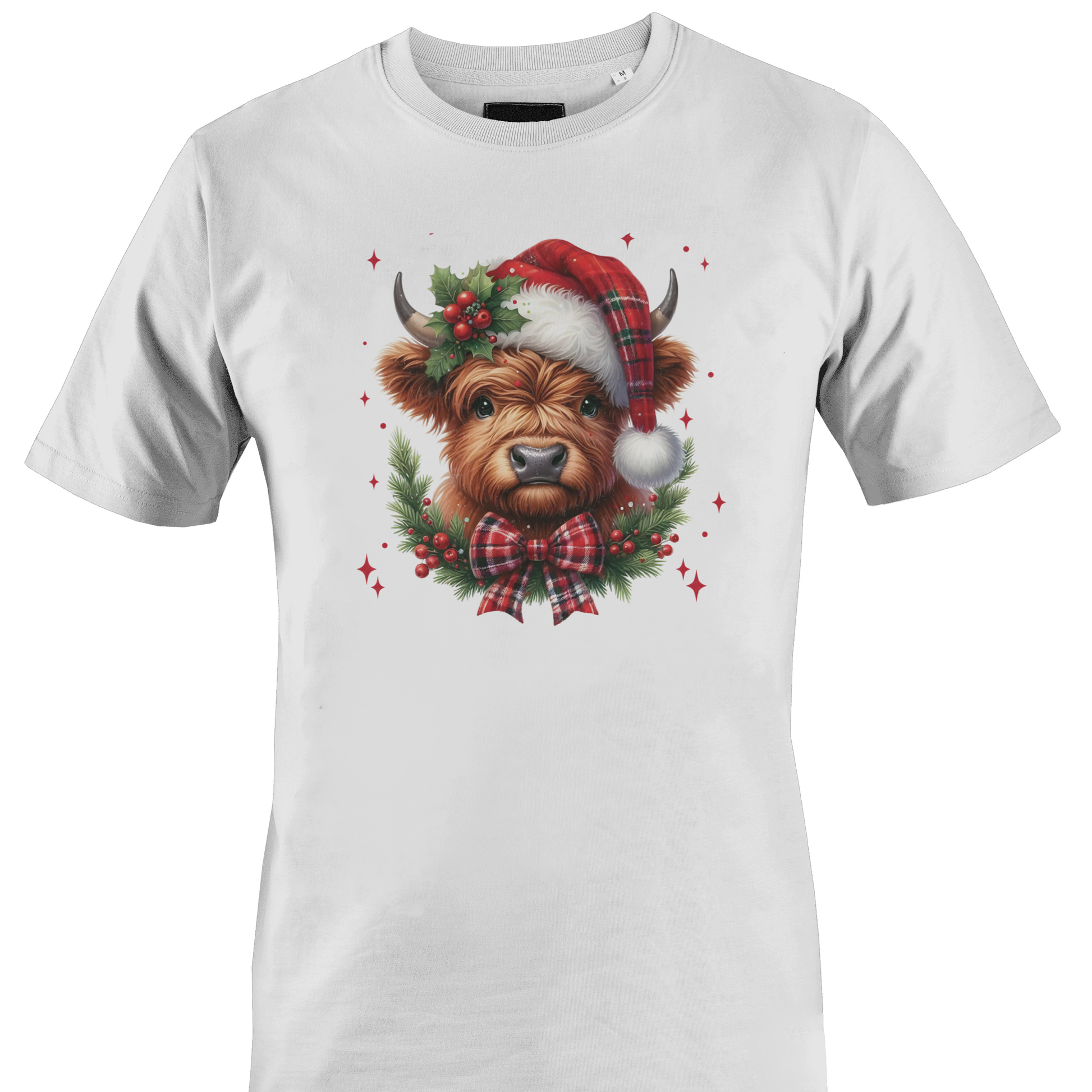 White t-shirt with a highland cow wearing a plaid santa hat with holly berries and a plaid bow by Monkey's Creations. 