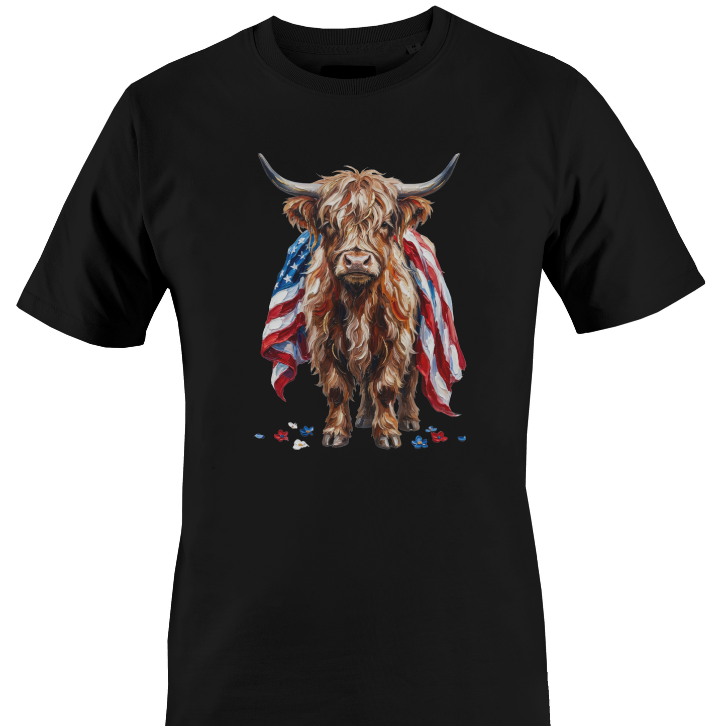 Black t-shirt with a highland cow draped in an American flag by Monkey's Creations