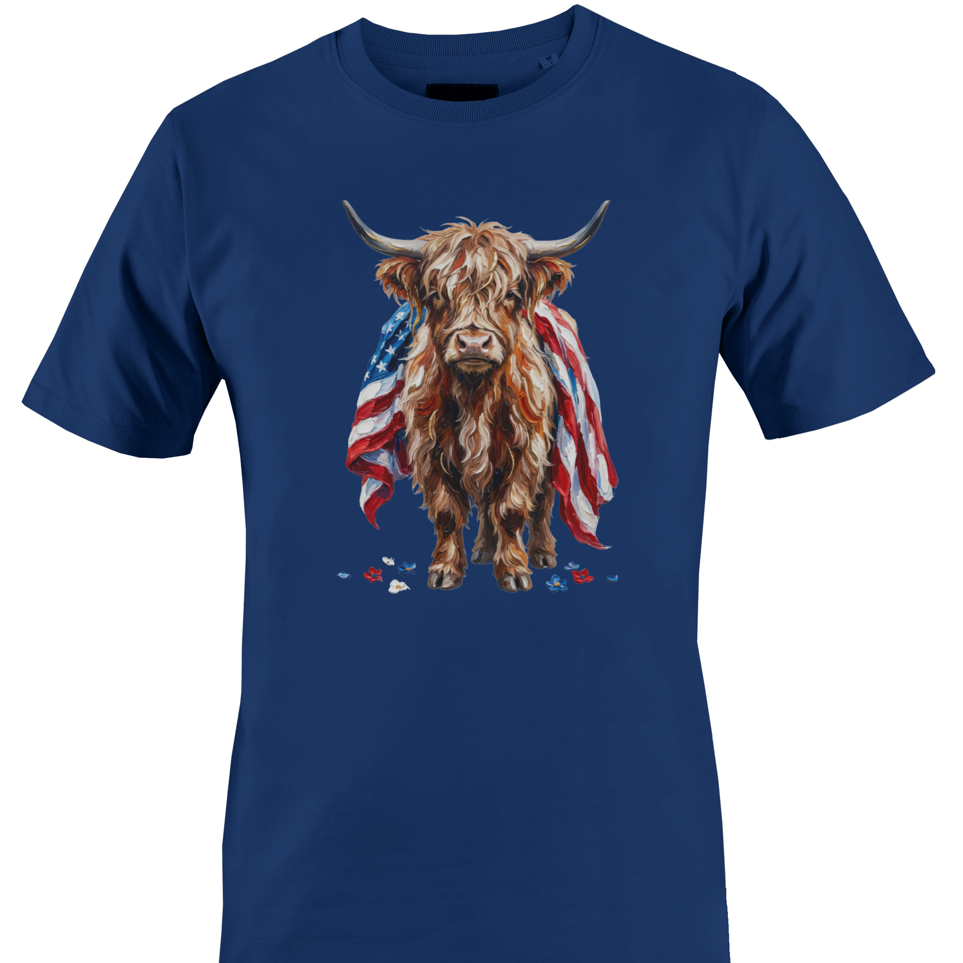 Navy blue t-shirt with a highland cow draped in an American flag by Monkey's Creations