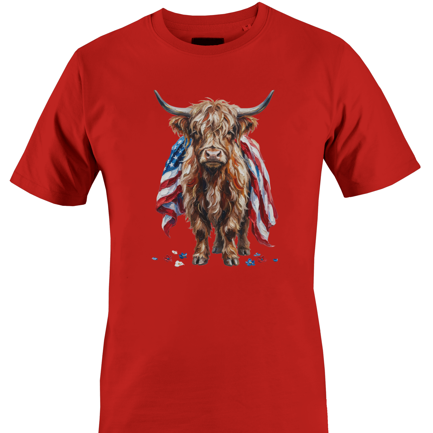 Red t-shirt with a highland cow draped in an American flag by Monkey's Creations