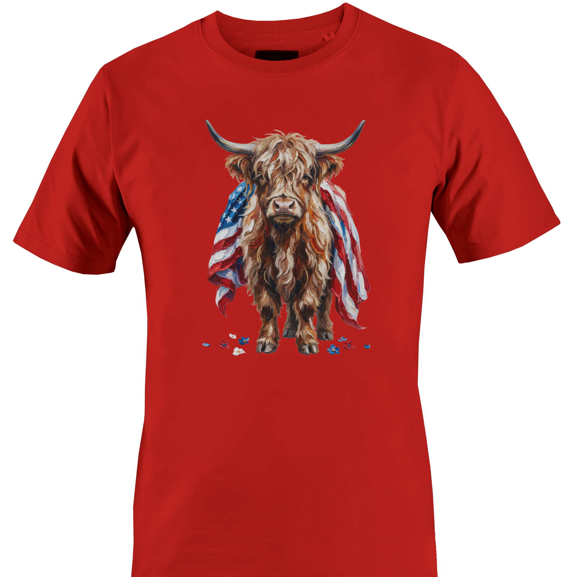 Red t-shirt with a highland cow draped in an American flag by Monkey's Creations