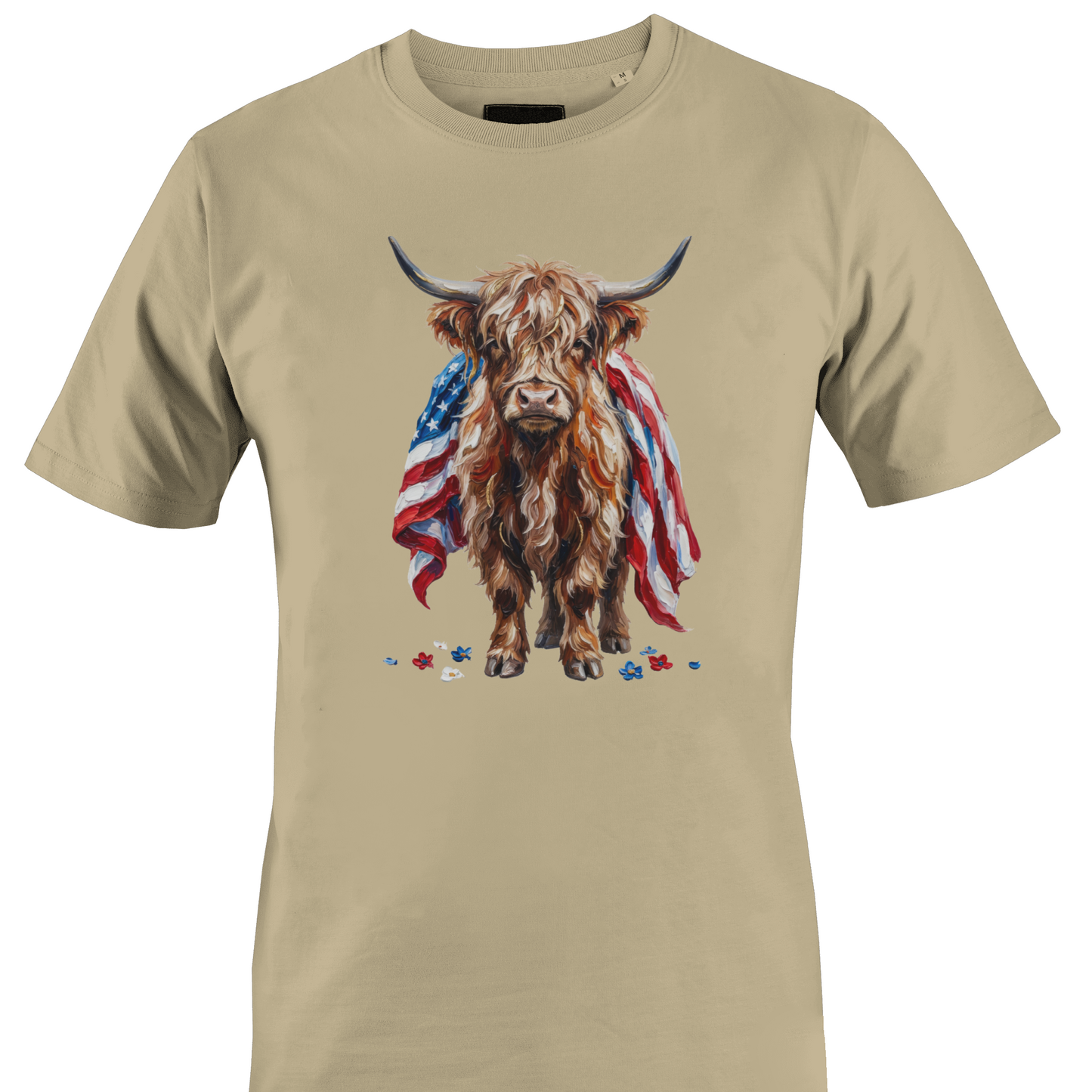 Tan t-shirt with a highland cow draped in an American flag by Monkey's Creations