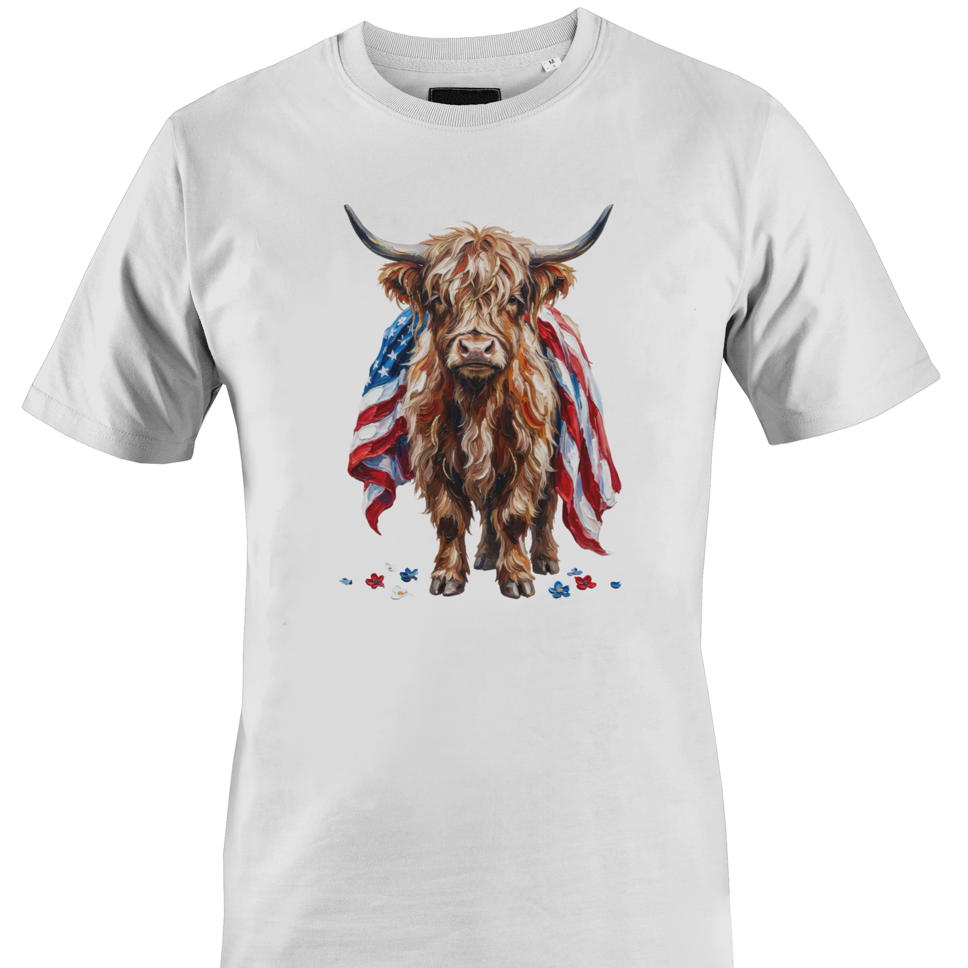 White t-shirt with a highland cow draped in an American flag by Monkey's Creations