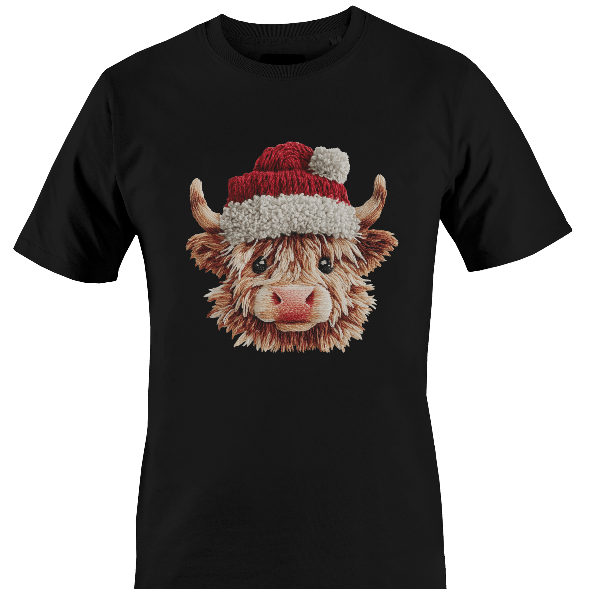 Black t-shirt with a highland cow wearing a yarn Santa hat by Monkey's Creations. 