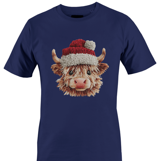 Navy blue t-shirt with a highland cow wearing a yarn Santa hat by Monkey's Creations. 